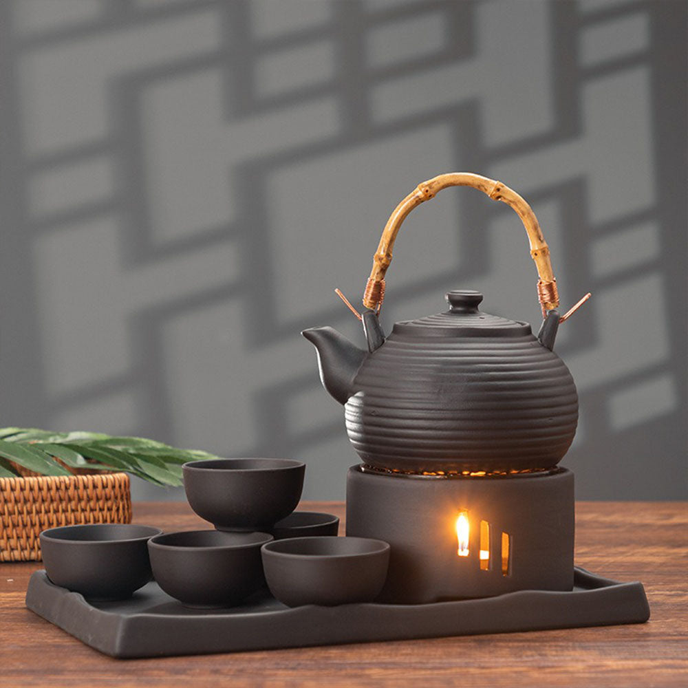 Japanese Clay Tea Set With Warmer And Tray