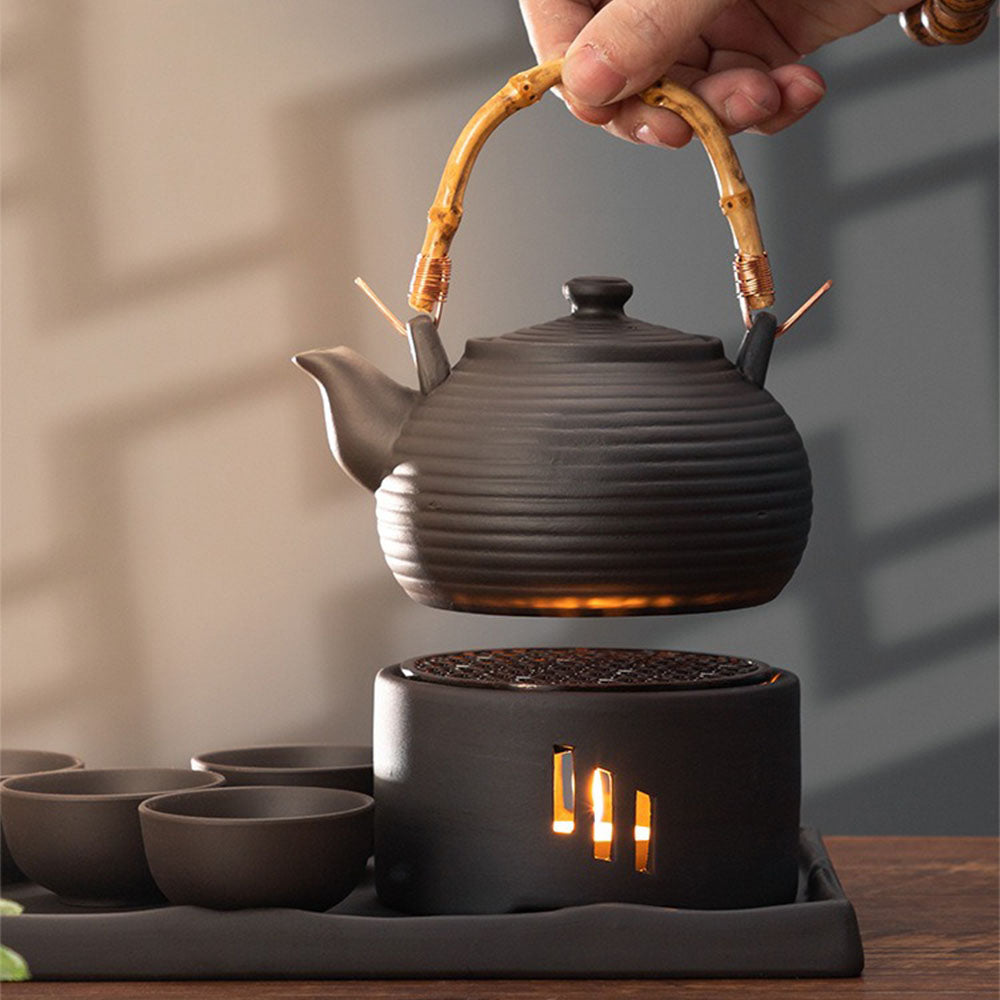 Japanese Clay Tea Set With Warmer And Tray