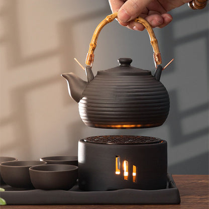 Japanese Clay Tea Set With Warmer And Tray