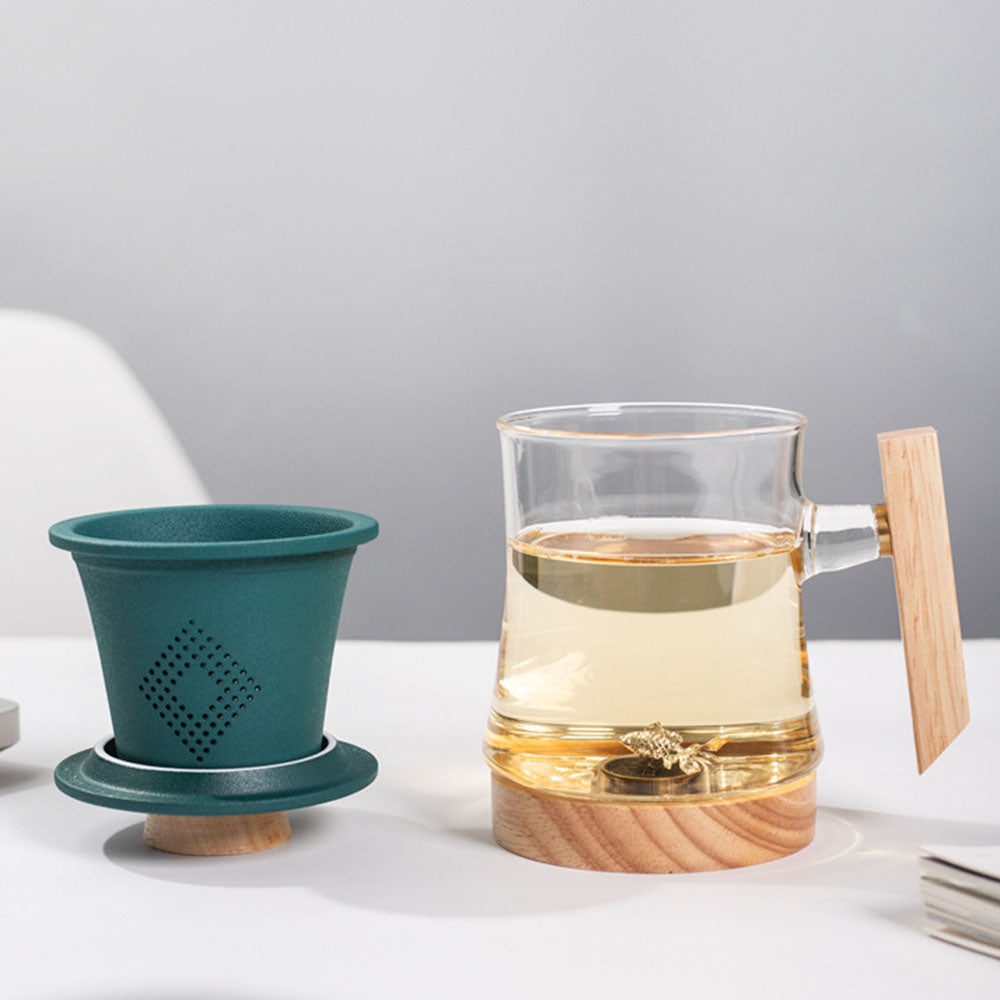 Glass Tea Cup With Wooden Bottom And Porcelain Infuser