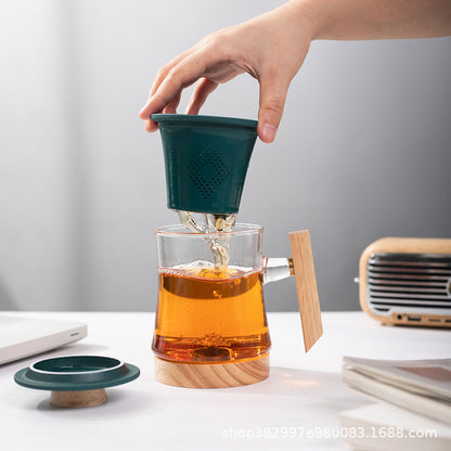 Glass Tea Cup With Wooden Bottom And Porcelain Infuser
