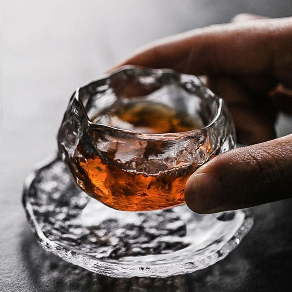 Ice Block Glass Gongfu Tea Cup With Saucer