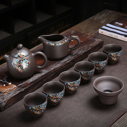 Yixing Purple Clay Decal Tea Set