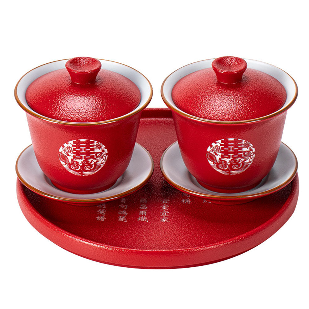 Double Happiness Two Gaiwans Set With Tray