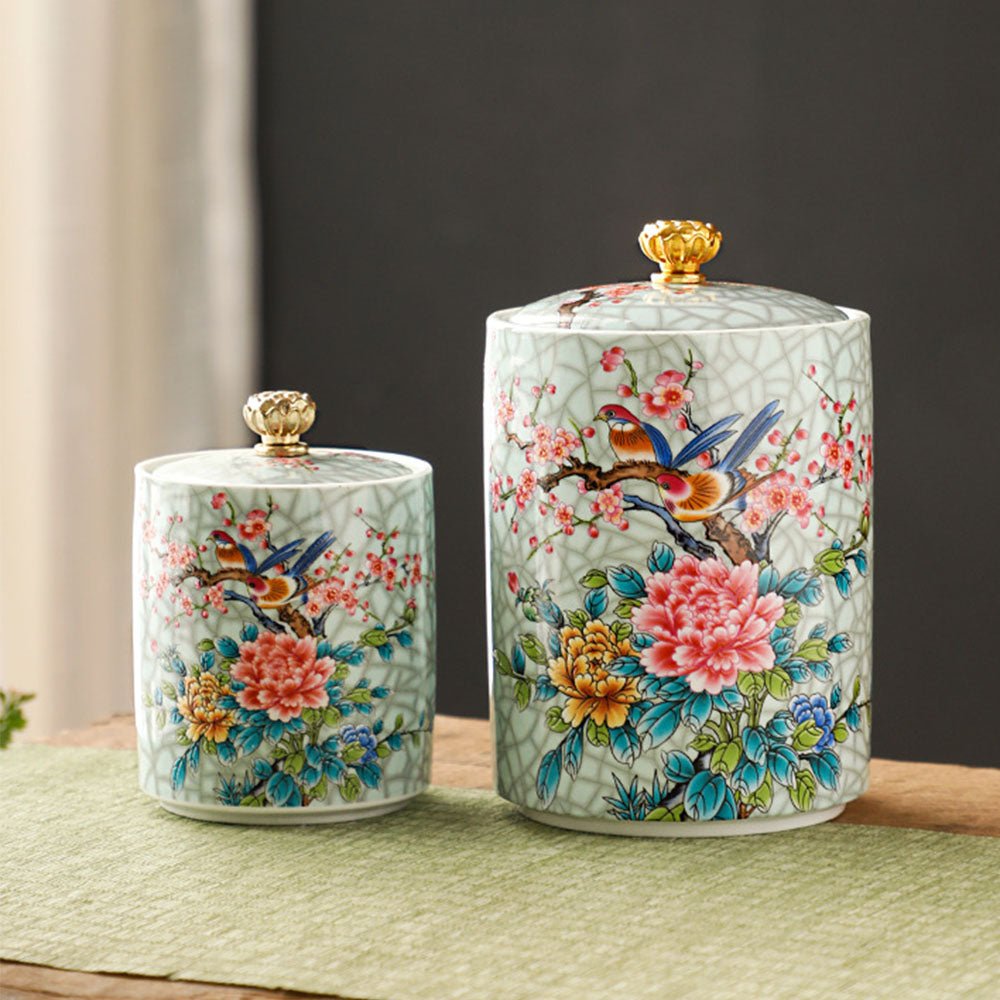 Magpie Peach Blossom Enamel Porcelain Tea Caddy