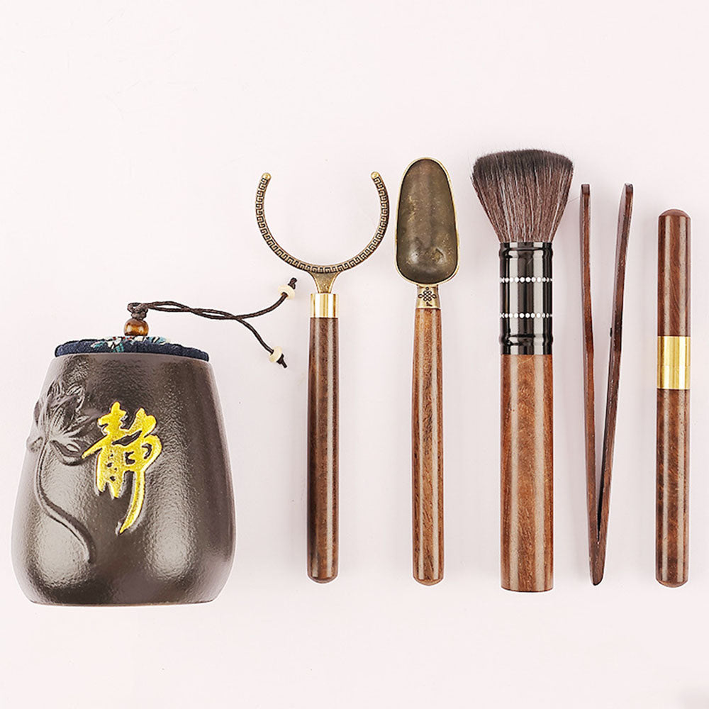 Ebony Tea Utensils Set With Ceramic Lotus Holder