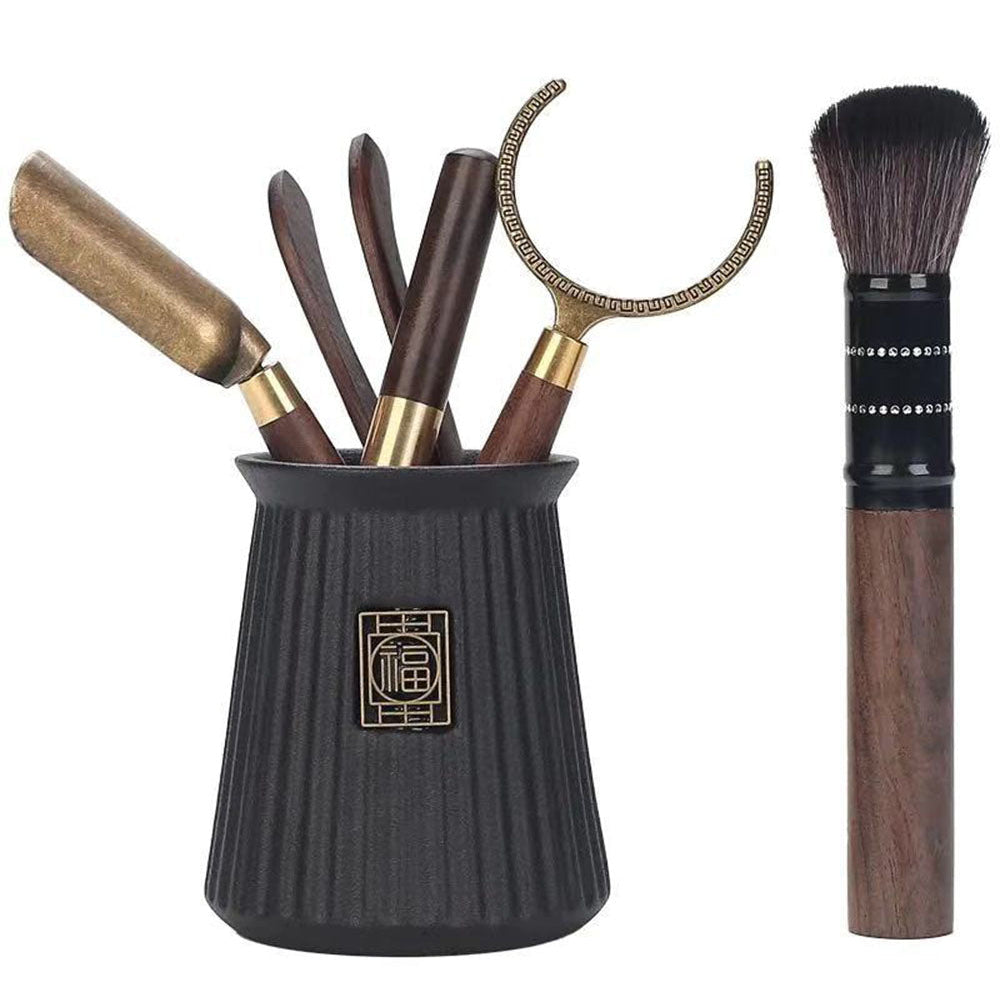 Ebony Tea Utensils Set With Ceramic Fu Holder