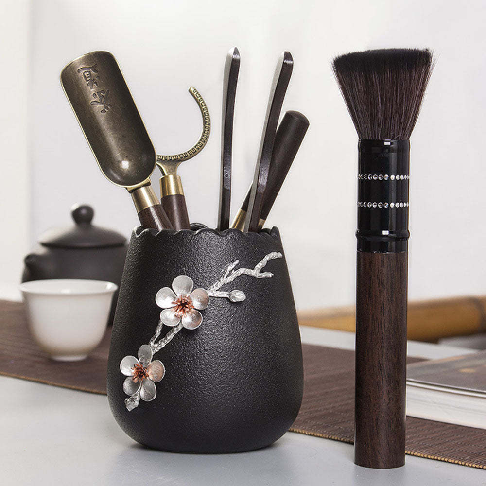 Ebony Tea Utensils Set With Ceramic Plum Blossom Holder