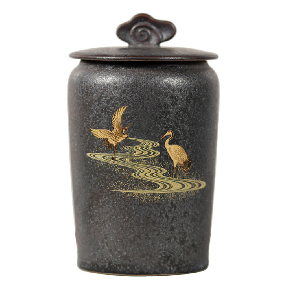Black Ceramic Golden Crane Tea Caddy