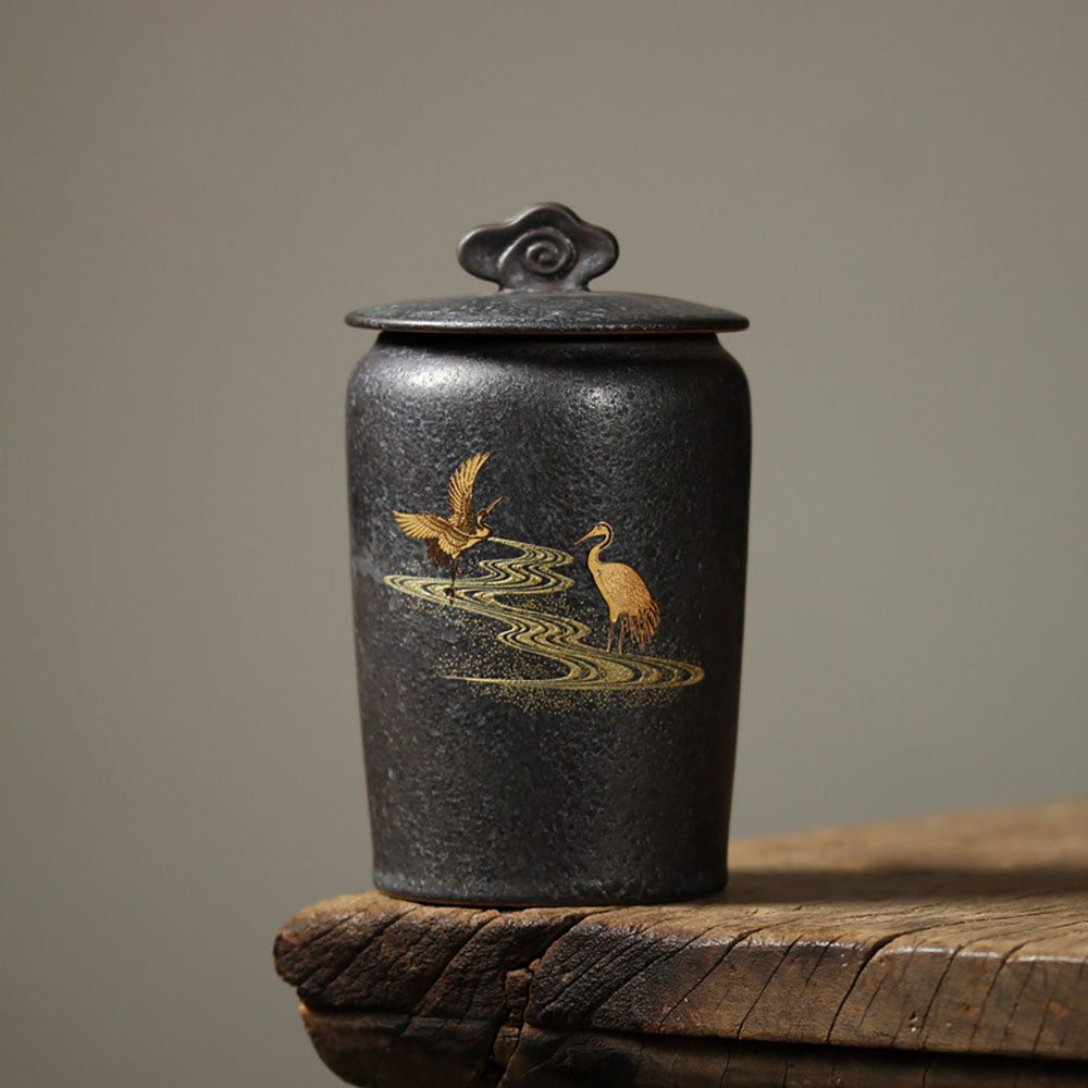 Black Ceramic Golden Crane Tea Caddy