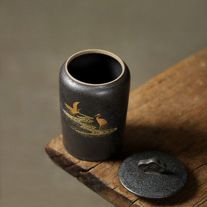 Black Ceramic Golden Crane Tea Caddy