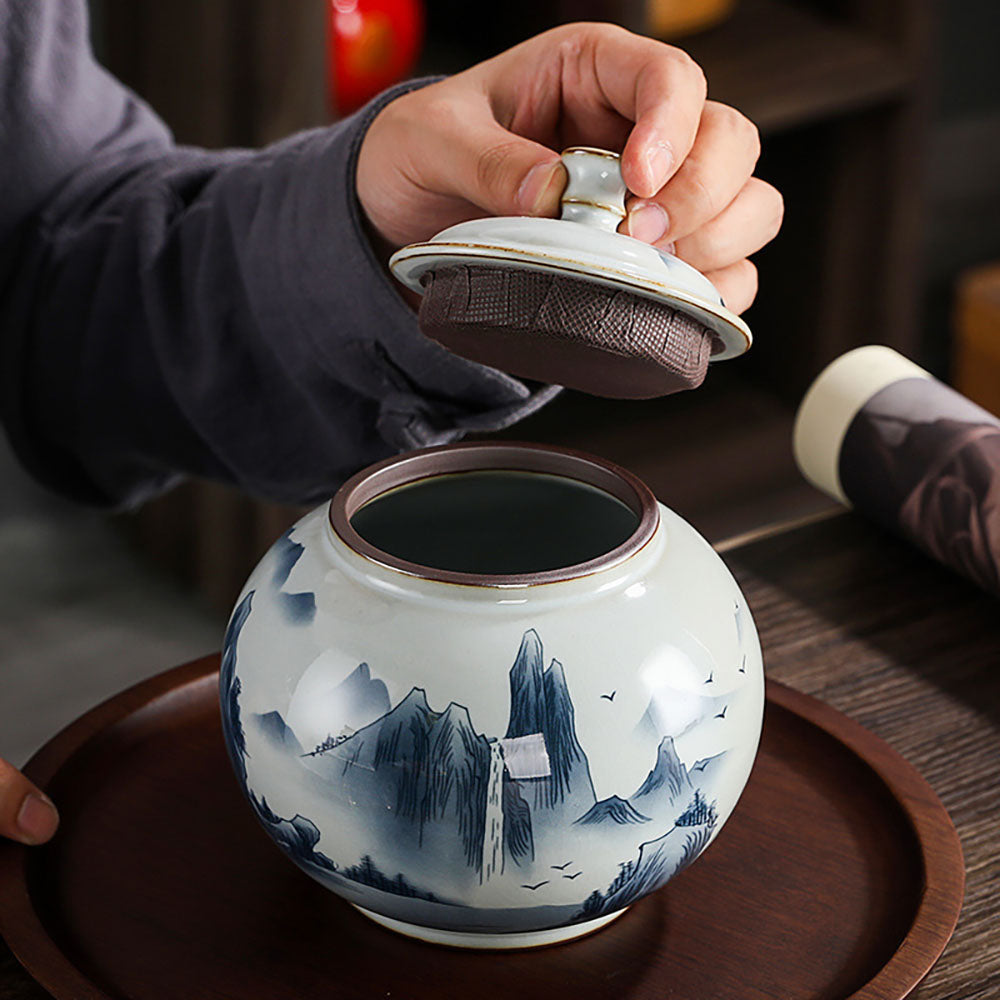 Hand-painted Landscape Porcelain Tea Caddy