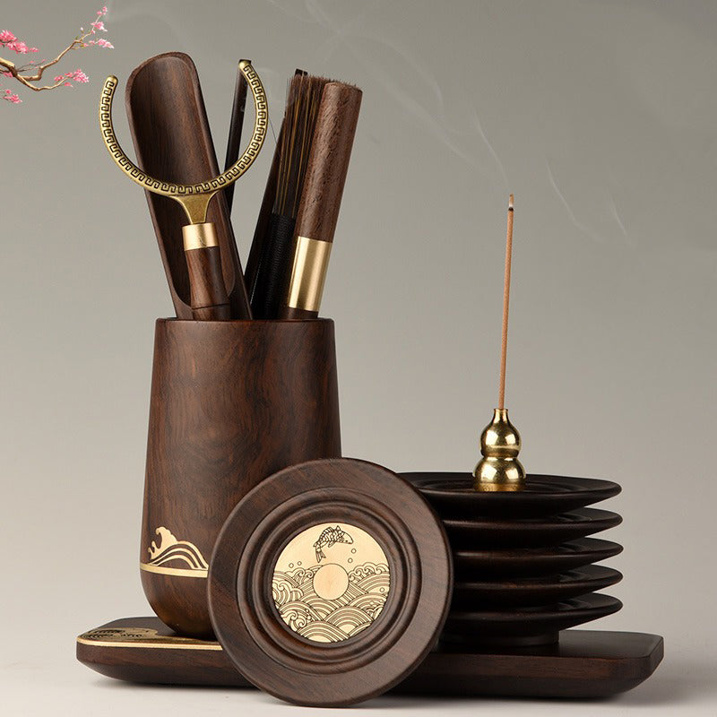Ebony Tea Utensil Set With Cup And Incense Holder