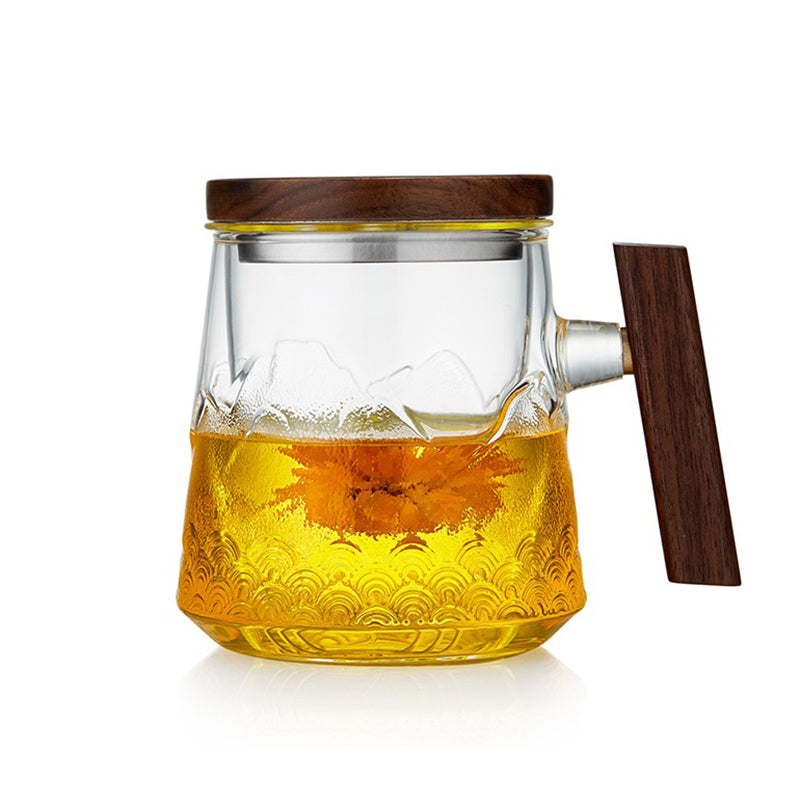 Glass Tea Mug With Wooden Lid And Handle