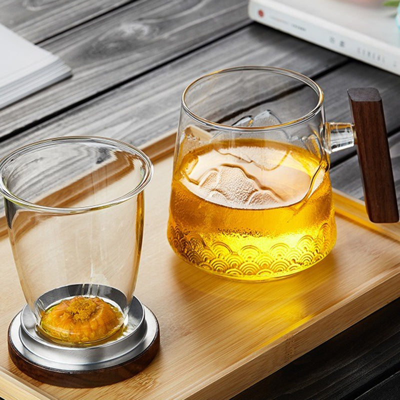 Glass Tea Mug With Wooden Lid And Handle