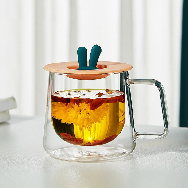 Double Wall Glass Tea Mug With Rabbit Ears