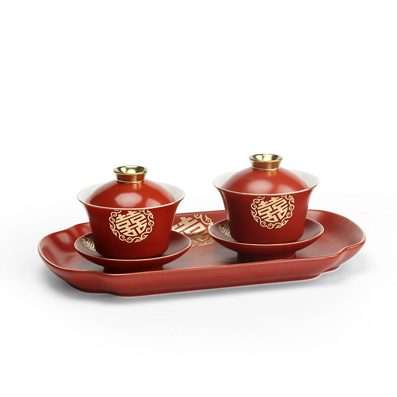 Double Happiness Gaiwans Set With Tray