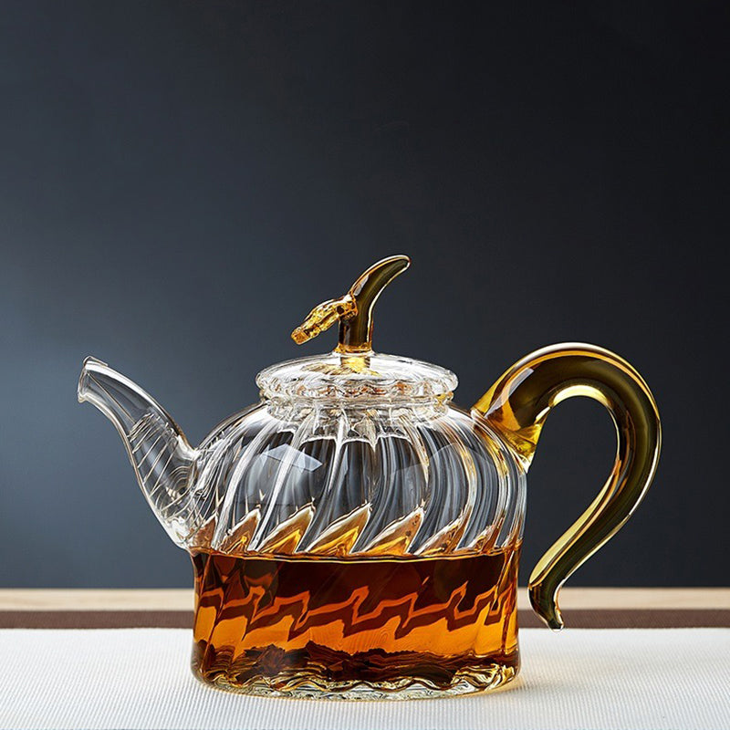 Glass Teapot With Lines And Leaf