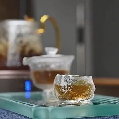 Ice Block Glass Gongfu Tea Cup With Saucer