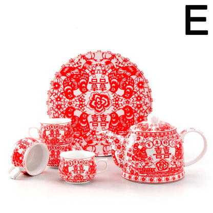 Red Chinese Tea Set With Tray For Wedding