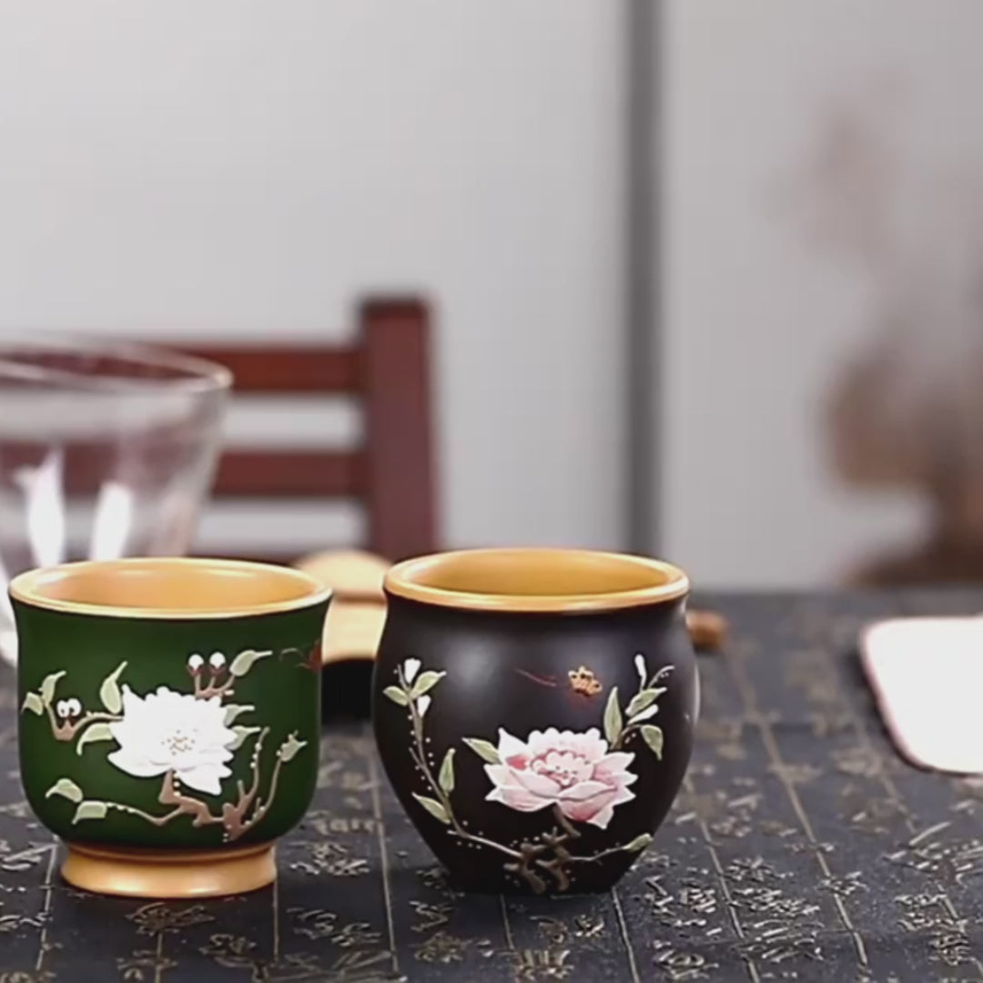 Flower Mud-Painted Purple Clay Cup (Set of 4)