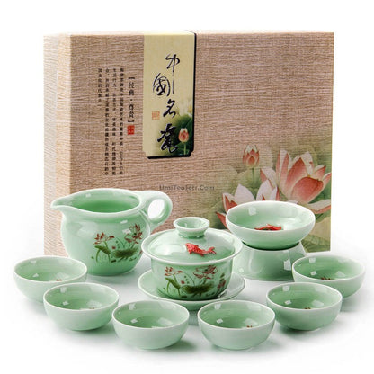 Chinese Jade Porcelain Lotus Gaiwan Tea Set