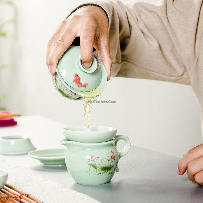 Chinese Jade Porcelain Lotus Gaiwan Tea Set