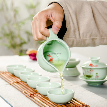 Chinese Jade Porcelain Lotus Gaiwan Tea Set