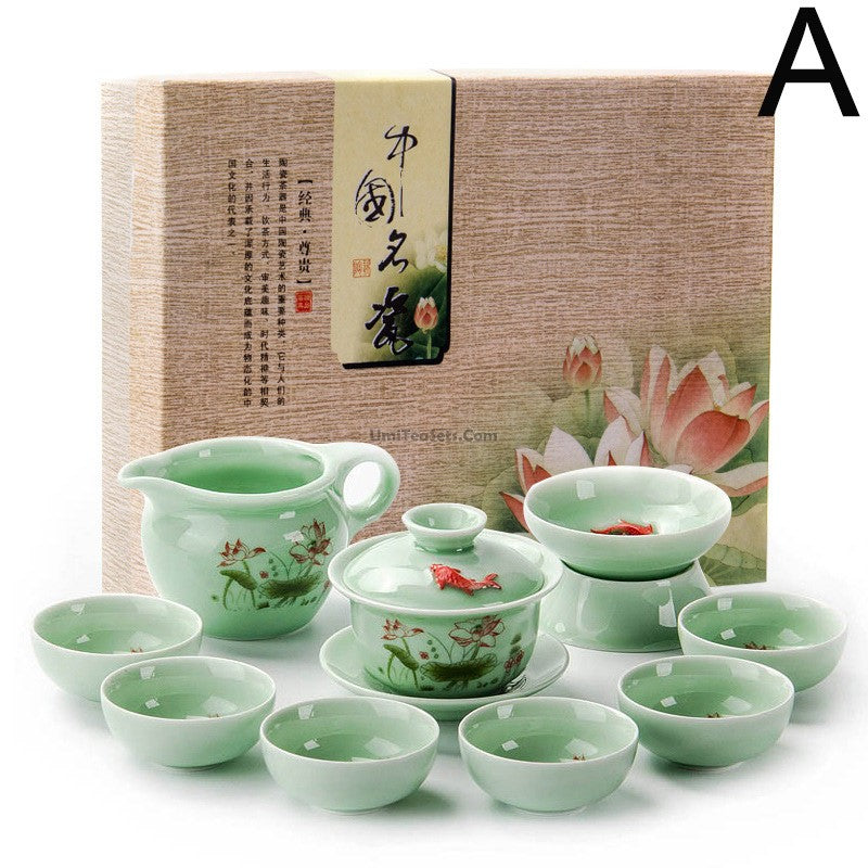 Chinese Jade Porcelain Lotus Gaiwan Tea Set