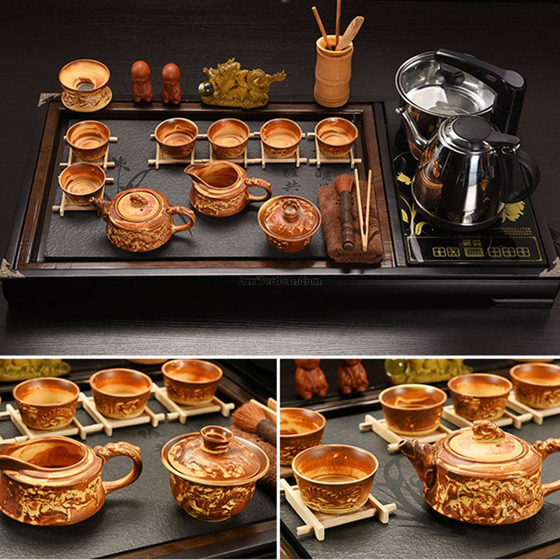 Chinese Golden Dragon Gongfu Tea Set With Black Stone Tea Tray