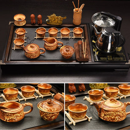 Chinese Golden Dragon Gongfu Tea Set With Black Stone Tea Tray