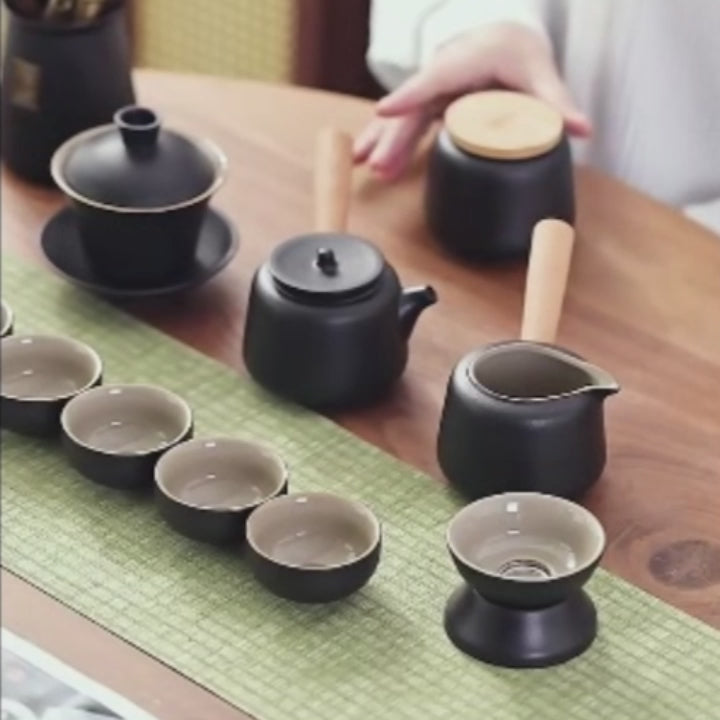 Ebony Tea Utensils Set With Ceramic Fu Holder