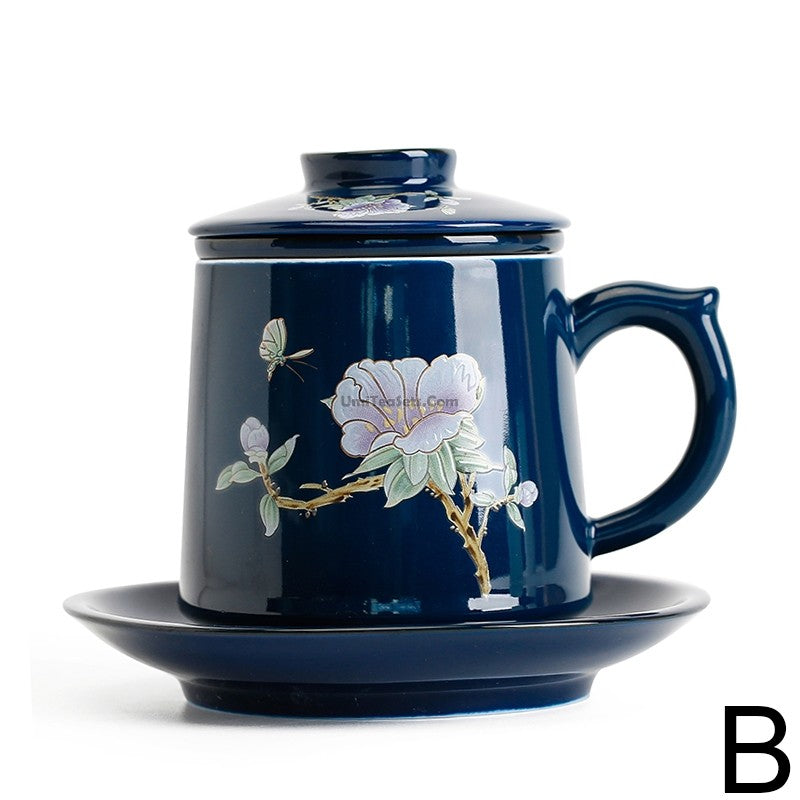 Chinese Blue Flower Office Tea Cup With Infuser
