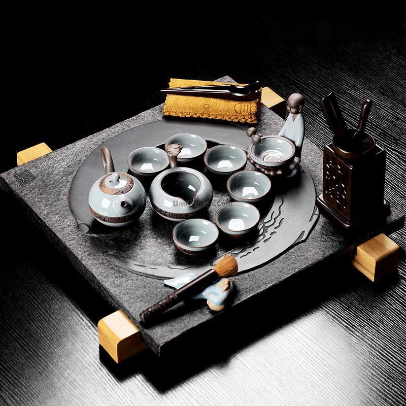 Ice Crack Ruyao Tea Set With Black Stone Tray