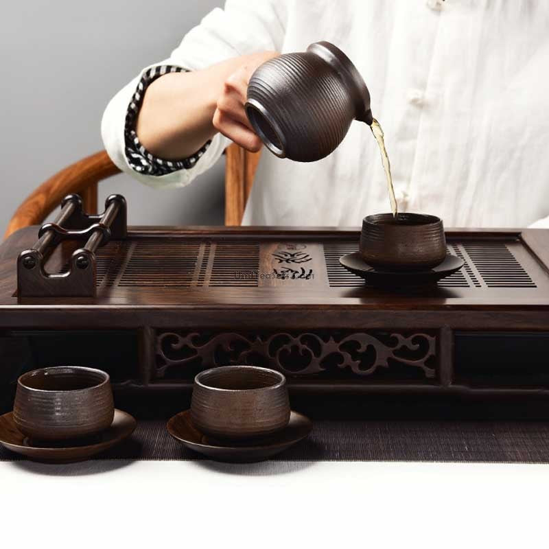 Ebony Wood Tea Tray With Cup Holder