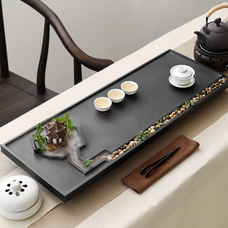 Black Stone Zen Tea Tray With Pavilion And Brook