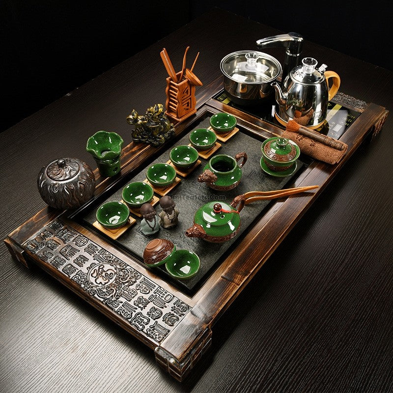 Ice Crack Tea Set With Fire Wood &amp; Stone Tea Tray