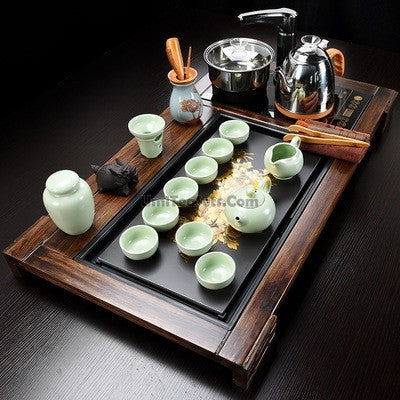Ruyao Tea Set With Fire Wood &amp; Peony Stone Tea Tray