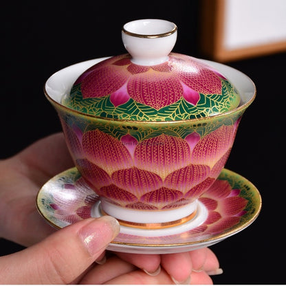 Enamel Porcelain Pink Lotus Gaiwan