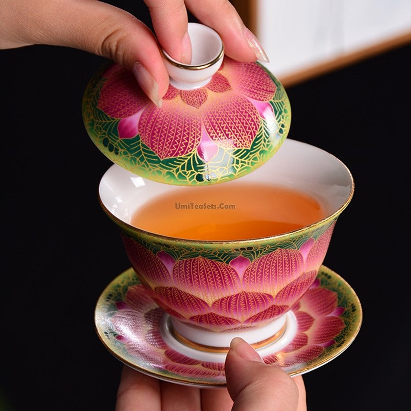 Enamel Porcelain Pink Lotus Gaiwan