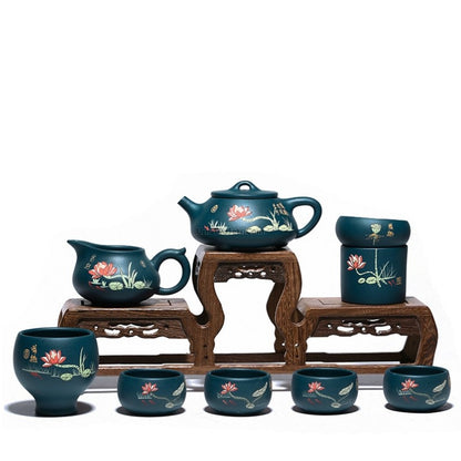 Yixing Blue Clay Lotus Shi Piao Tea Set