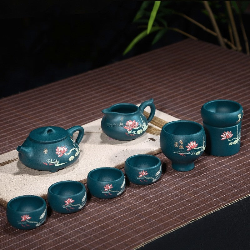 Yixing Blue Clay Lotus Shi Piao Tea Set