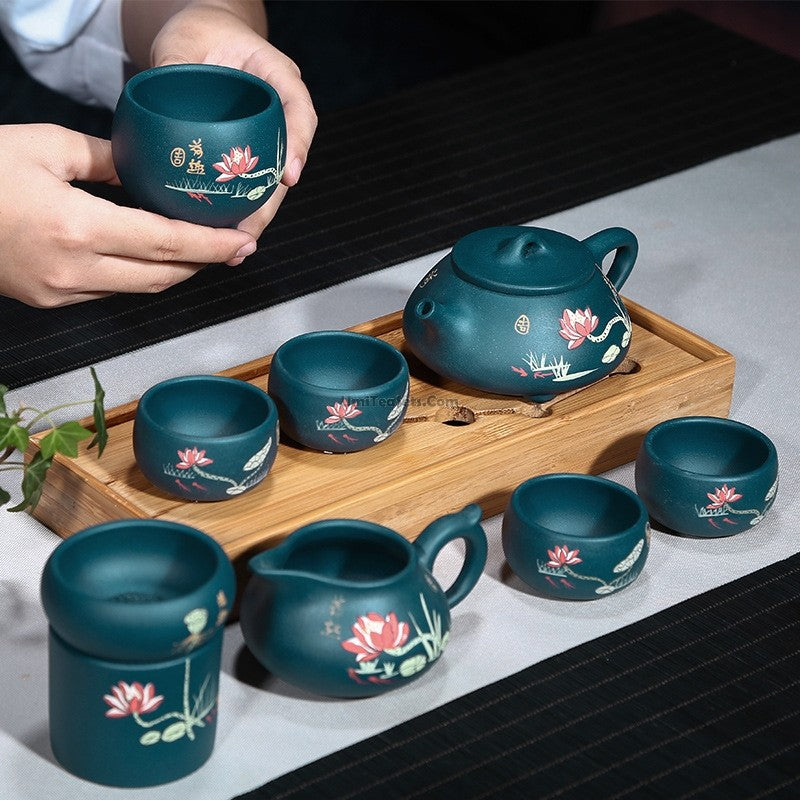 Yixing Blue Clay Lotus Shi Piao Tea Set