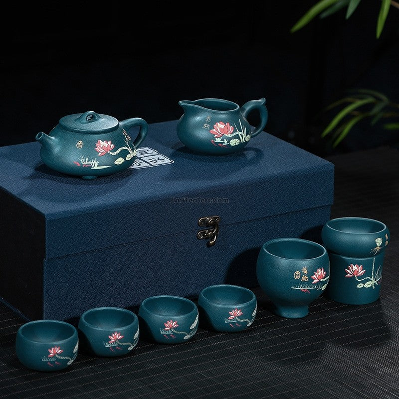 Yixing Blue Clay Lotus Shi Piao Tea Set