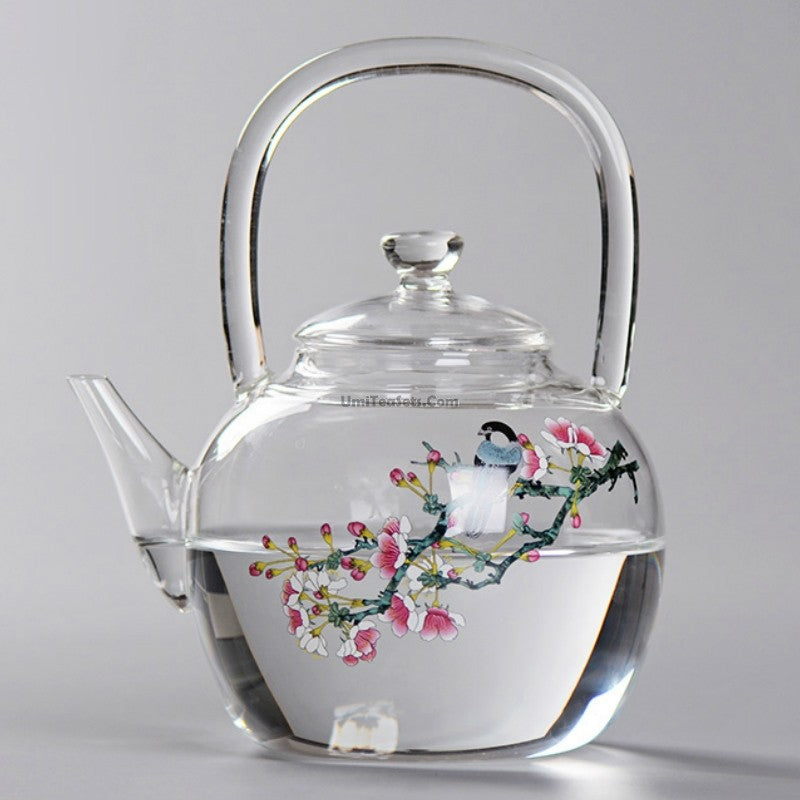 Magpie And Peach Blossom Glass Teapot
