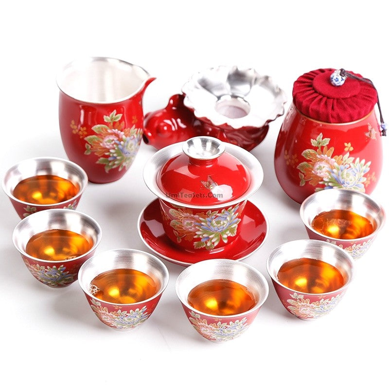 Chinese Wedding Tea Set With Inner Sterling Silver