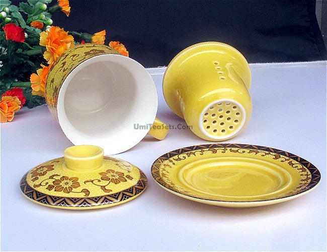 Yellow Chinese Tea Cup With Lid And Saucer