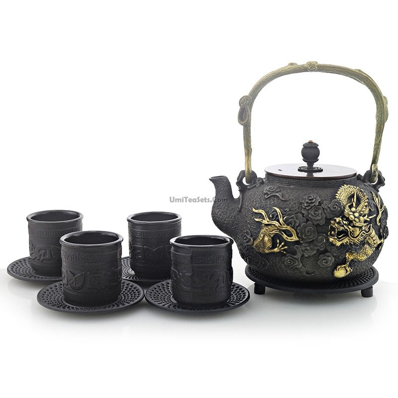 Japanese Cast Iron Golden Dragon Tea Set