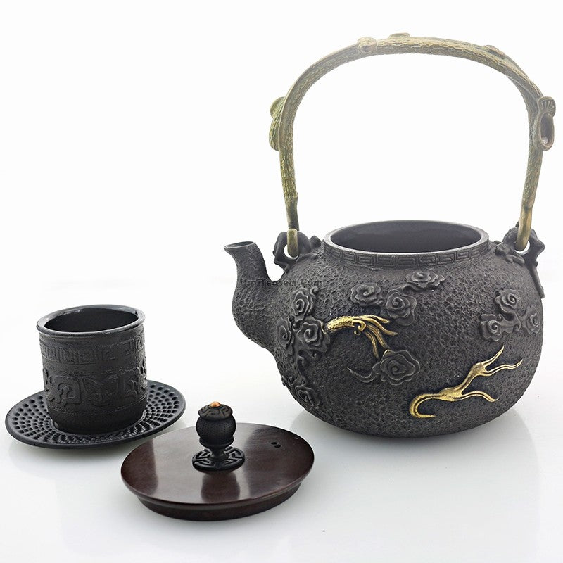 Japanese Cast Iron Golden Dragon Tea Set