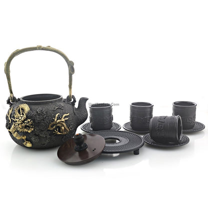 Japanese Cast Iron Golden Dragon Tea Set